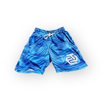 a blue short with a white logo on it