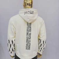 the back of a mannequin wearing a hoodie with black and white writing