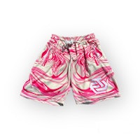 a pair of pink and white shorts with a swirl design