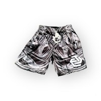 a pair of black and white shorts with an image of a zebra